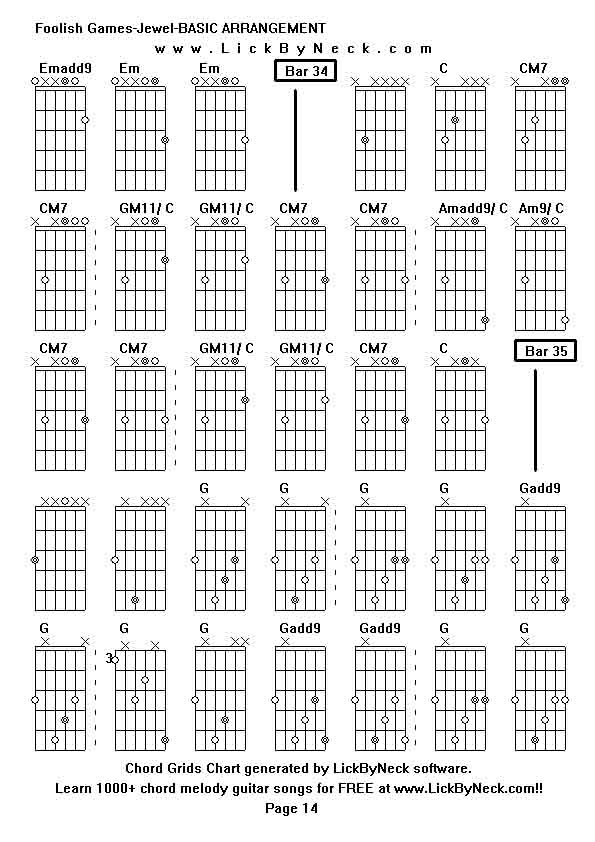 Chord Grids Chart of chord melody fingerstyle guitar song-Foolish Games-Jewel-BASIC ARRANGEMENT,generated by LickByNeck software.